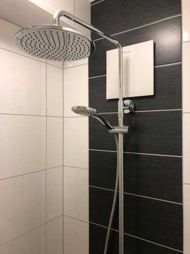 a shower with a shower head in a bathroom at Ferienwohnungen am Feldrain - Gornau im Erzgebirge in Zschopau