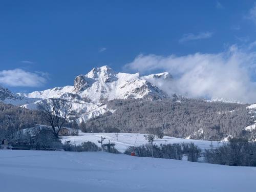 a snow covered mountain in the middle of a field at Hôtel l'Équipe in Le Sauze