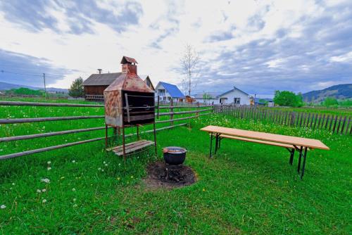 a bird house and a bench in a field at Casa Teo&Andreea in Vatra Dornei