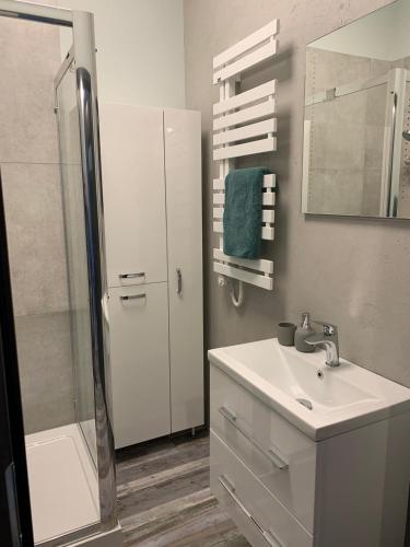 a white bathroom with a sink and a shower at Aquarius002 in Boszkowo