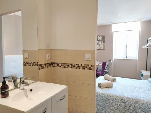 een badkamer met een wastafel en een spiegel bij Baiona Sainte Cath -4-Lau- au cœur de Saint Esprit in Bayonne