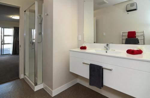 La salle de bains est pourvue d'un lavabo et d'un miroir. dans l'établissement Lincoln Motel, à Lincoln