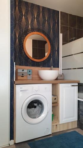 une salle de bain avec une machine à laver et un lavabo dans l'établissement Appartement T2 Lège Cap Ferret, à Lège-Cap-Ferret