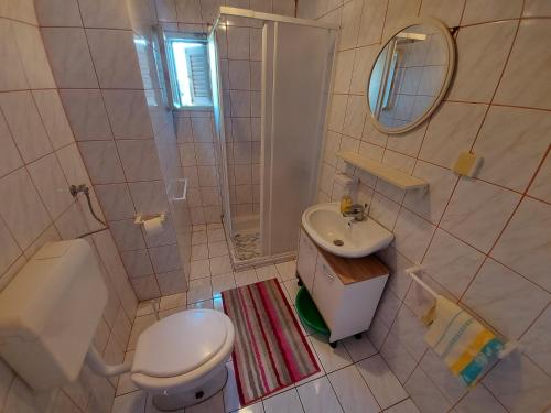 een badkamer met een toilet, een wastafel en een douche bij Apartment Dora in Draga Bašćanska