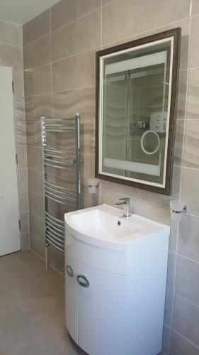 y baño con lavabo blanco y espejo. en Ashford Villa -Cottage 2, en Cong