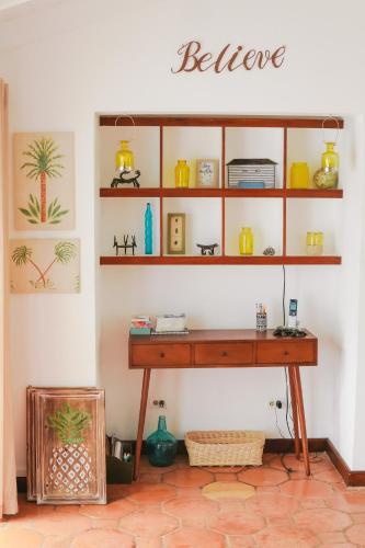 a desk in the corner of a room at Sea Foam Villa in Osbourn
