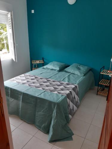 2 łóżka w pokoju z niebieskimi ścianami w obiekcie La Fée amazonienne w mieście Rivière-Pilote