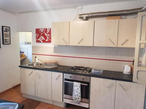 uma cozinha com armários brancos e um forno com placa de fogão em VILLA HISPANO-BRASILEÑA SALAR TELETRABAJO RECOMENDABlE em Salar