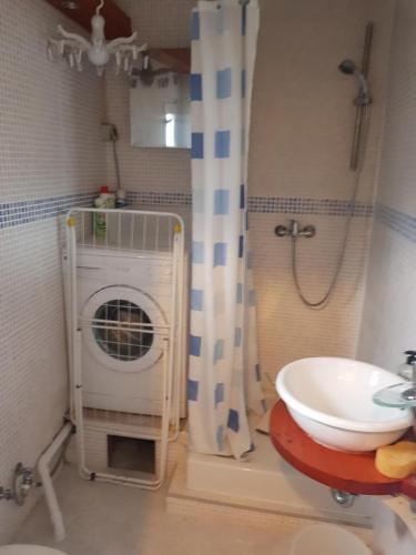 a bathroom with a washing machine and a sink at VILLA HISPANO-BRASILEÑA SALAR TELETRABAJO RECOMENDABlE in Salar