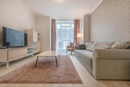 a living room with a couch and a flat screen tv at HaPPy Inn Just Studio, Self Check-In-24x7,Parking-in-the-underground-Garage in Vilnius