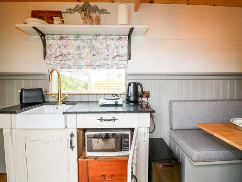 a small kitchen with a sink and a microwave at The Lazy Mare by The Water in Rugeley