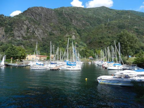 a bunch of boats are docked in a harbor at Casa Nora in Dervio