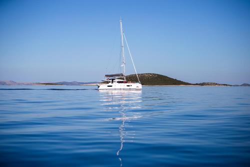 a white sailboat sitting on the water in the ocean at Hotel Murter in Murter