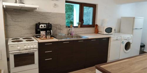 a kitchen with a sink and a stove and a refrigerator at Къща за гости Вила Отдих Vila Otdih in Apriltsi
