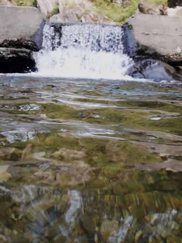 a waterfall in front of a pool of water at Maa Anand Mayee Guest House in Panuānaula