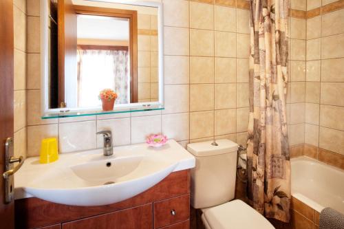 a bathroom with a sink and a toilet and a mirror at La Luna Hotel in Troulos