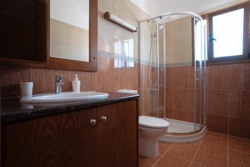 a bathroom with a shower and a toilet and a sink at Andrea Villa by Prestige Bookings in Peyia