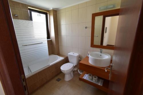 a bathroom with a toilet and a sink and a mirror at Geraniotis Hotel and Resort in Plataniás