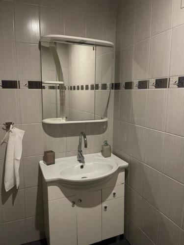 a bathroom with a white sink and a mirror at Metsaääre puhkemaja Võrumaal Käätso külas in Meegomäe