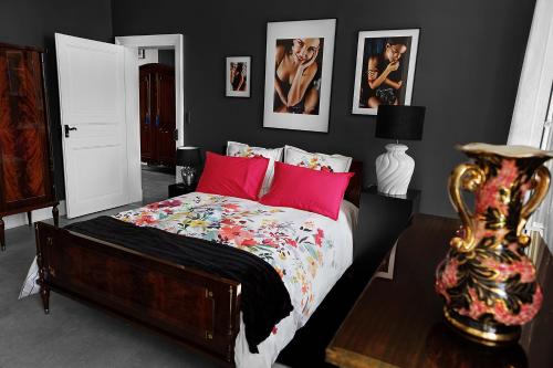a bedroom with a bed with red pillows at LE CHERCHE MIDI Chambres d'hôtes avec CUISINE EQUIPEE grand jardin PARKING SECURISE GRATUIT in Albi