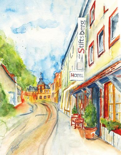 une peinture d'une rue de la ville avec un hôtel dans l'établissement Hotel Am Stiftsberg, à Aschaffenbourg