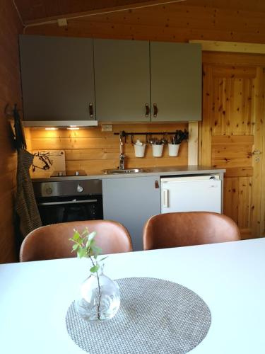 a kitchen with a table with a vase on it at Davvi Siida - Reindeer Design Lodge in Kjøllefjord