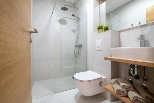 W łazience znajduje się prysznic, toaleta i umywalka. w obiekcie Villa Catalpa w Neum
