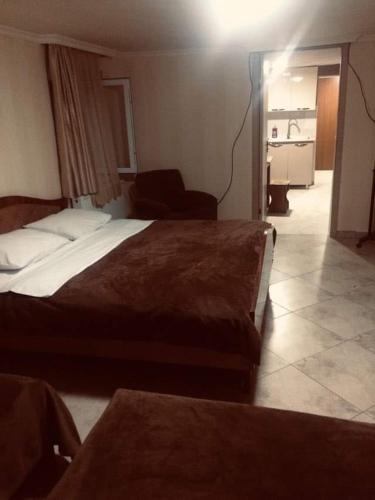 a bedroom with a large bed and a living room at Guesthouse Raisa in Kvareli
