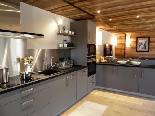 a kitchen with gray cabinets and a counter top at Astraea in Peisey-Nancroix