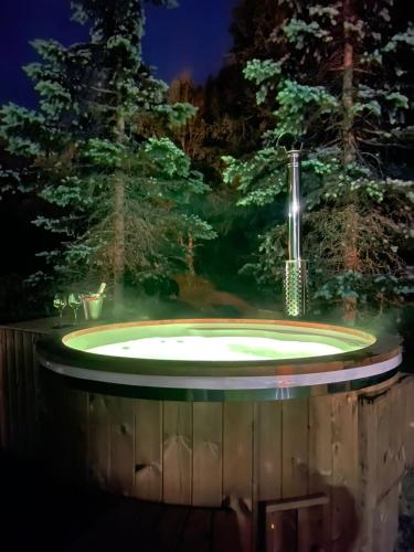 a jacuzzi tub in the woods at night at Hotel Garni Pegrà in Ponte di Legno