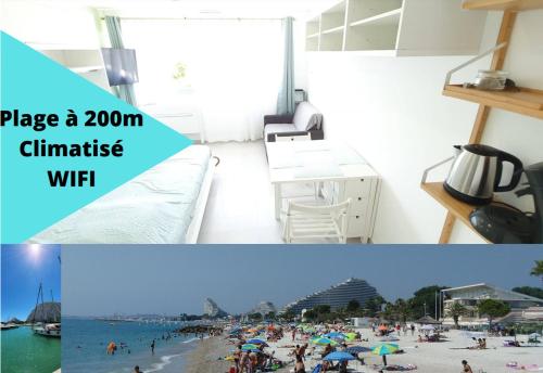un collage de dos fotos de una playa en Dream French Riviera - FAME Marina Baie des Anges en Villeneuve-Loubet