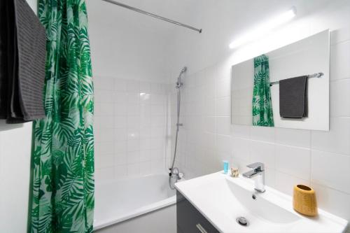 une salle de bain avec un lavabo et un rideau de douche dans l'établissement JANA HOUSE - HYPERCENTRE - GARE - NETFLIX, à Toulouse