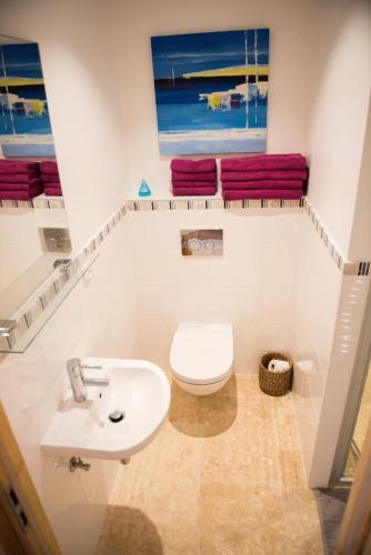 une salle de bain avec des toilettes blanches et un lavabo dans l'établissement 'Petite Ferme Les Bouts' Apartment, sleeps 6, Nr Morzine, à La Côte dʼArbroz