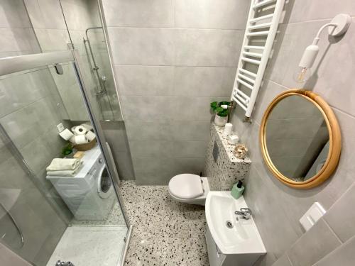 a bathroom with a toilet and a sink and a mirror at Apartament Jan III Sobieski in Rzeszów