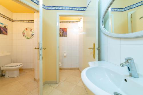 a bathroom with a sink and a toilet and a mirror at La Hacienda in Vilvoorde