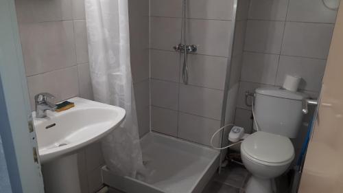 une salle de bain avec un lavabo, des toilettes et une douche dans l'établissement Studio cabine avec jardinet à 30 m de la plage, au calme., à Gruissan