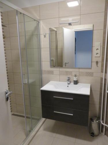 a bathroom with a sink and a glass shower at City Corner Central in Mosonmagyaróvár