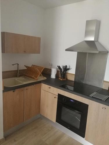 a kitchen with a sink and a stove top oven at Appartement sympa T2 in Alès