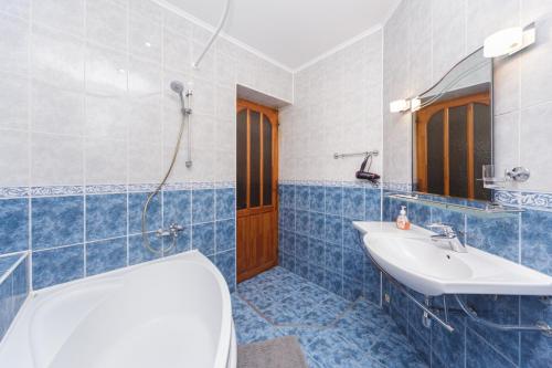 baño azul y blanco con lavabo y aseo en Apartment Zhukovskogo 17, en Odessa