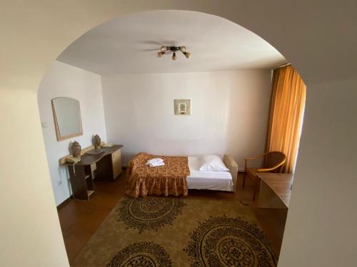 a room with a bed and a table and a mirror at Hotel Gorj in Târgu Jiu