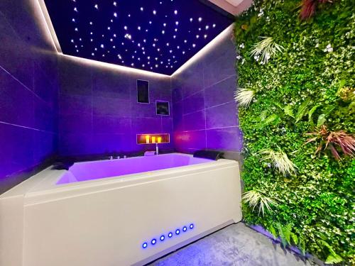 ein lila Badezimmer mit einer Badewanne und einer grünen Wand in der Unterkunft Lorient Love Room Le King Size in Lorient