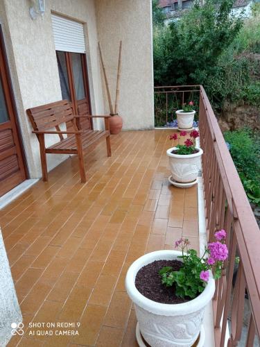 a porch with three potted plants and a bench at CASA DOS GRILOS in Penacova