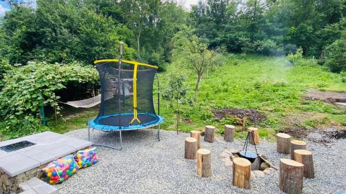 a playground with a swing and some wooden stumps at Vila Montana Valiug in Văliug