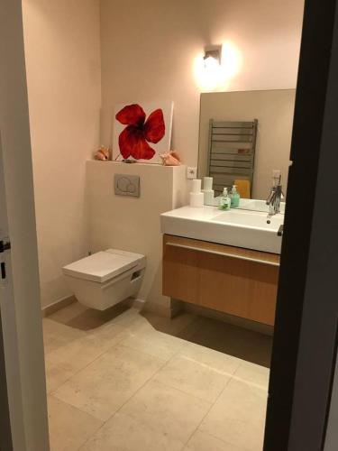 La salle de bains est pourvue de toilettes et d'un lavabo avec une arche rouge. dans l'établissement Independent One bedroom Apartment, à Antibes