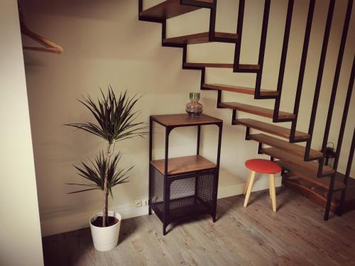 レ・ゼルビエにあるDuplex INDEPENDANT Centre villeのテーブルと2つの植物とスツールが置かれた階段