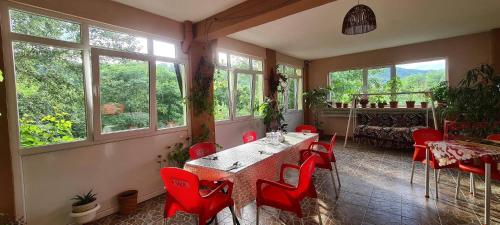 Săcelu的住宿－Pensiunea Lucica，一间设有红色椅子和一张桌子及窗户的房间