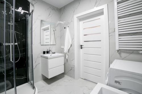 een badkamer met een wastafel en een douche bij Oxygen apartament nr 2 in Mielec