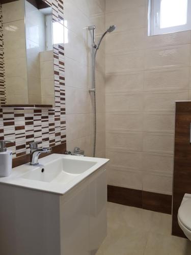 a bathroom with a sink and a shower at Апартаменти Гювийски in Sapareva Banya
