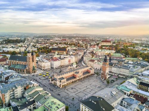 an aerial view of a city with buildings at Liebeskind Boutique Hotel Old Town in Kraków