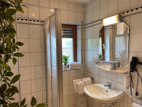 a bathroom with a sink and a mirror at Hotel Bett & Frühstück in Riedstadt